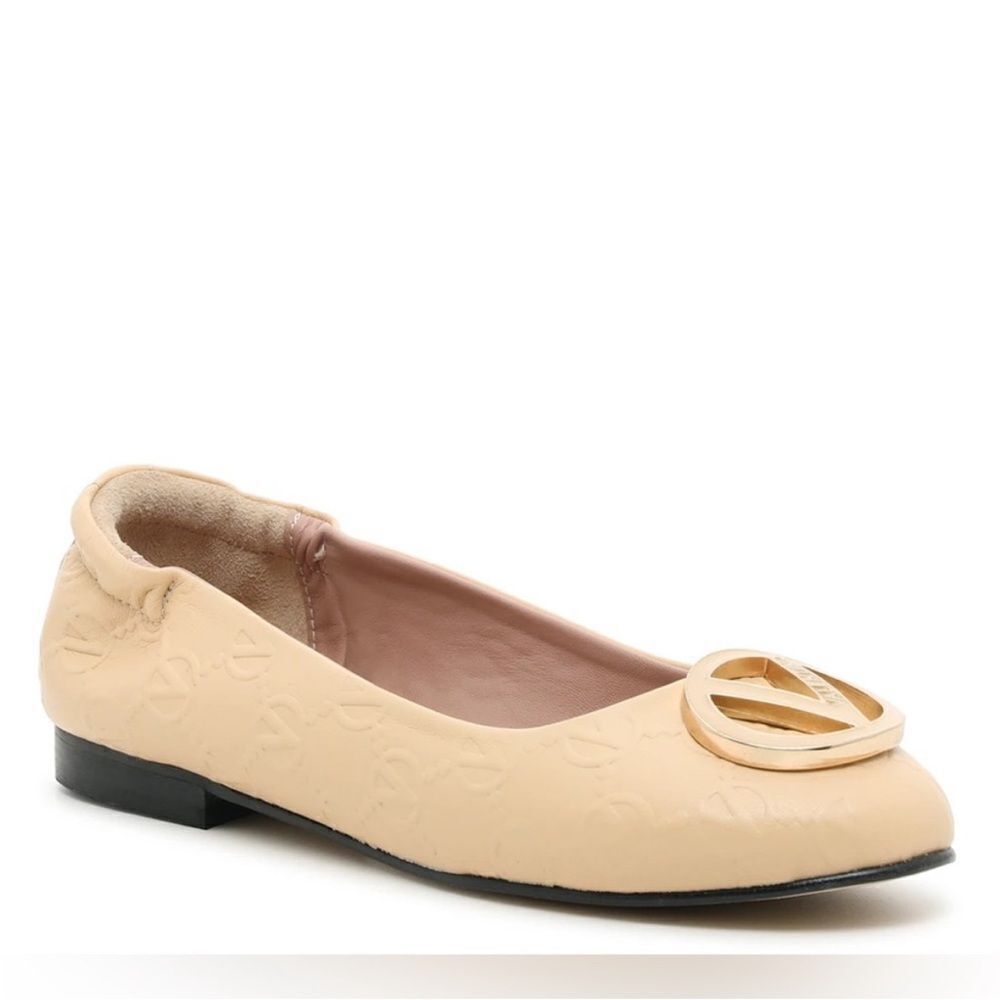 NIB Valentino Beige Flats with Gold Logo New with dust bag/box $479